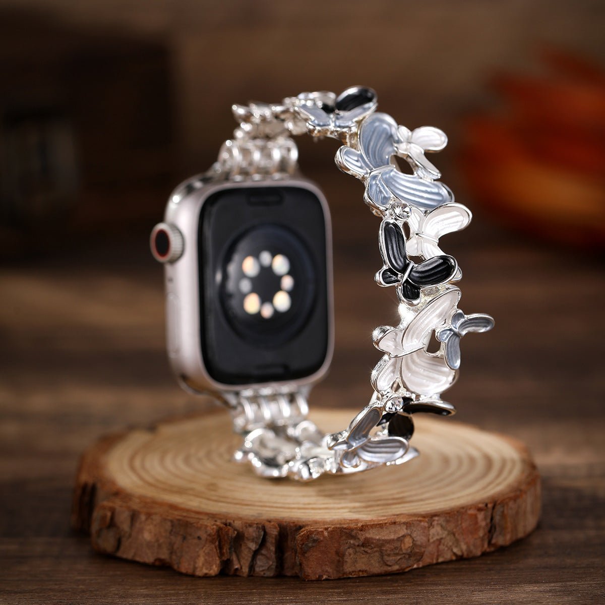 Correa Apple Watch con motivo de mariposas esmaltadas, malla elástica con strass, modelo Marjorie