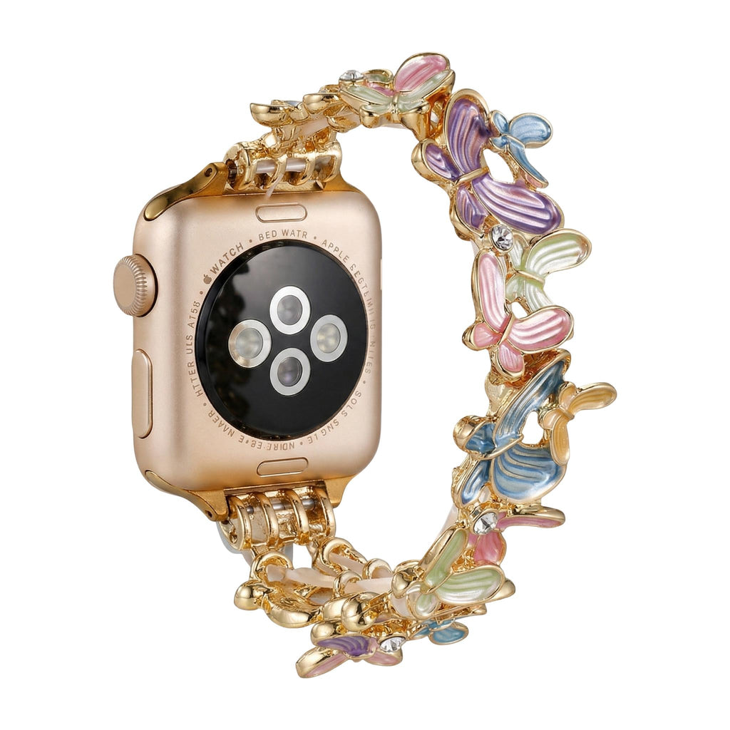 Correa Apple Watch con motivo de mariposas esmaltadas, malla elástica con strass, modelo Marjorie