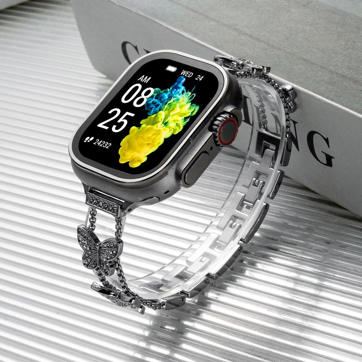 Correa Apple Watch mariposa de circonitas, correa de reloj de aleación metálica con mariposa brillante, modelo Rinoure