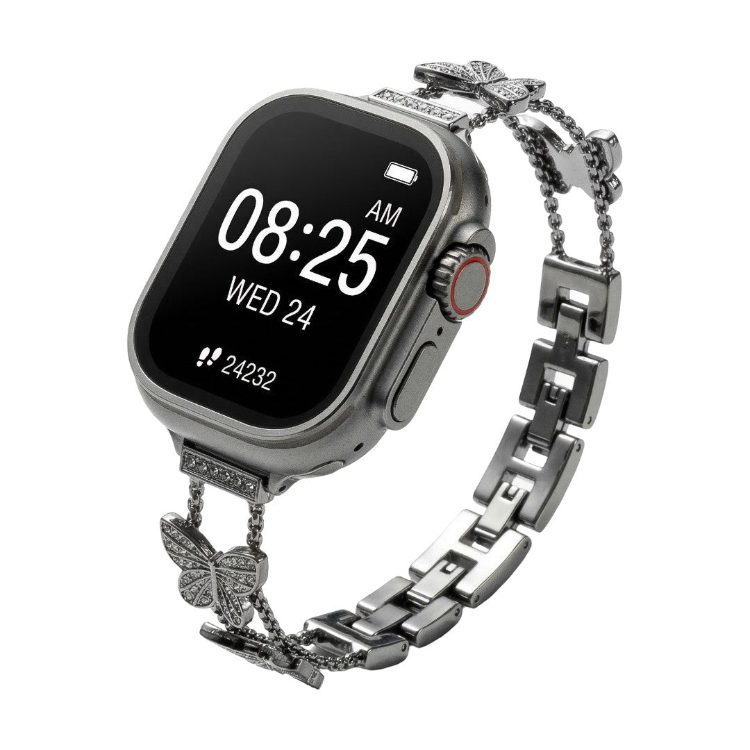 Correa Apple Watch mariposa de circonitas, correa de reloj de aleación metálica con mariposa brillante, modelo Rinoure