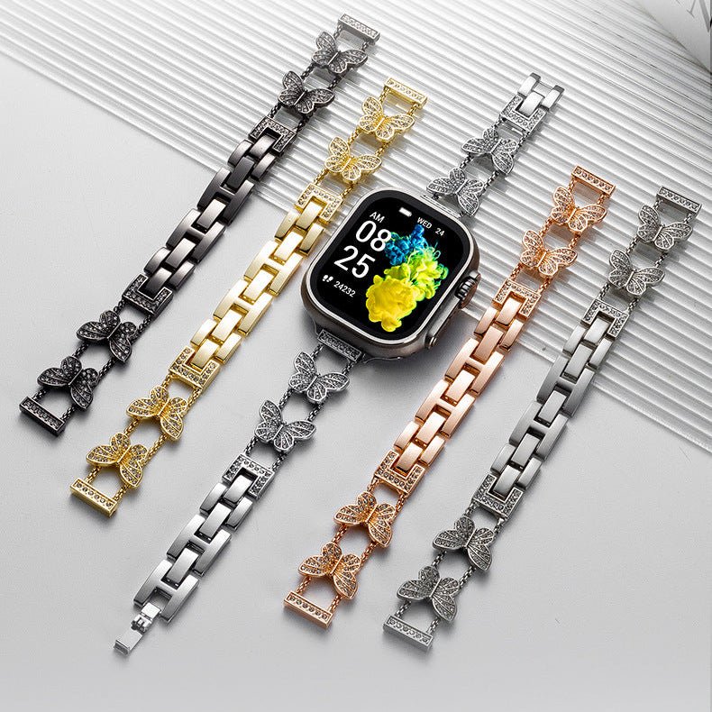 Correa Apple Watch mariposa de circonitas, correa de reloj de aleación metálica con mariposa brillante, modelo Rinoure