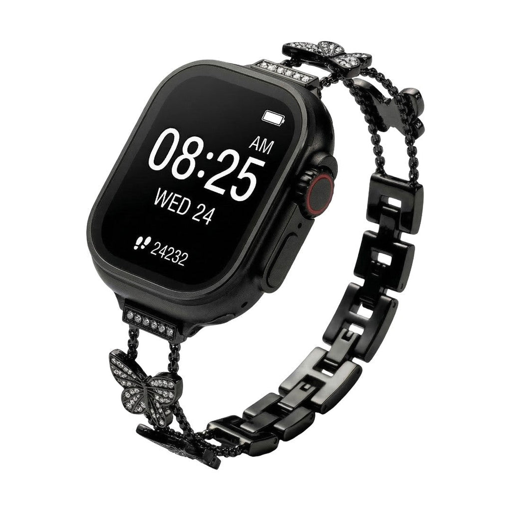 Correa Apple Watch mariposa de circonitas, correa de reloj de aleación metálica con mariposa brillante, modelo Rinoure
