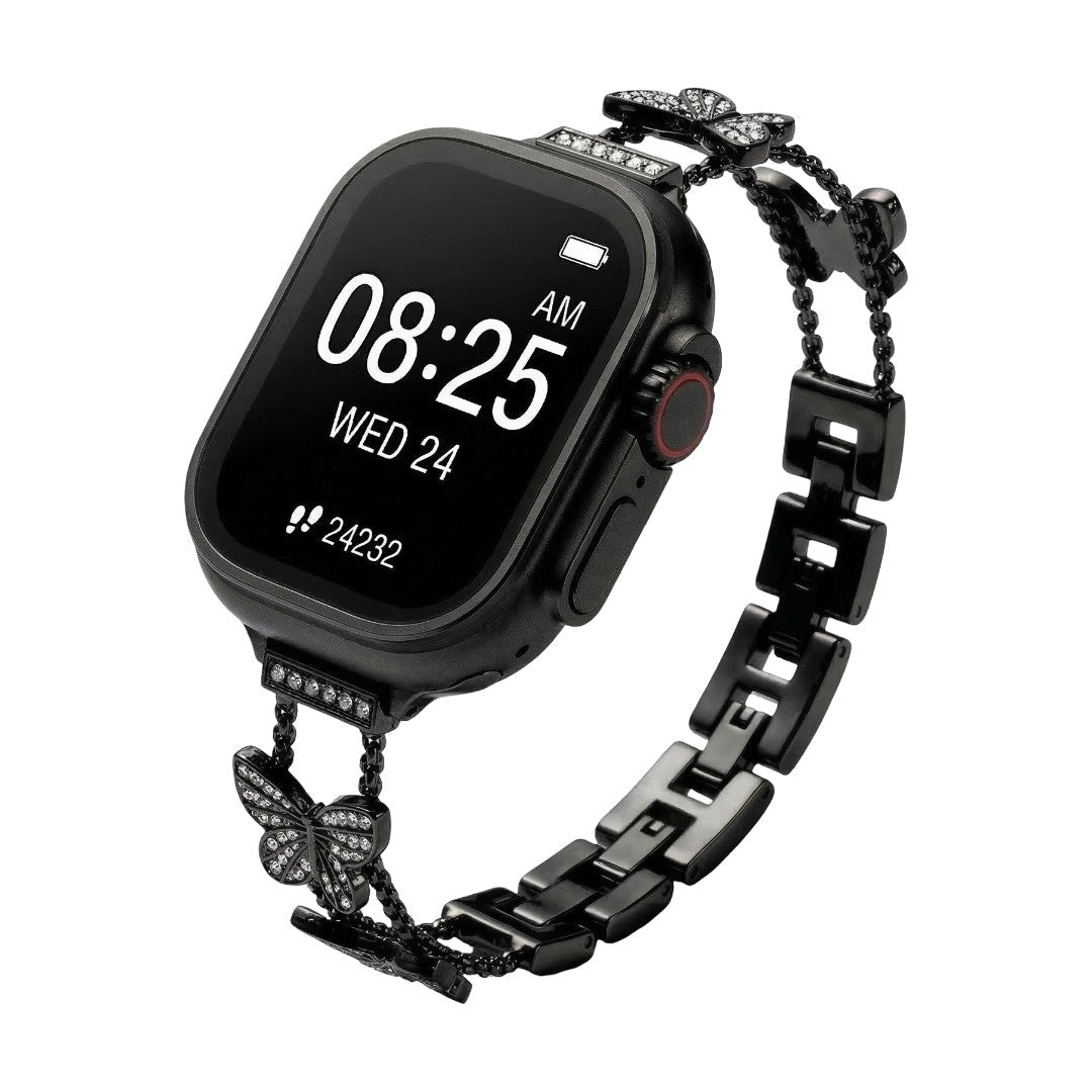 Correa Apple Watch mariposa de circonitas, correa de reloj de aleación metálica con mariposa brillante, modelo Rinoure