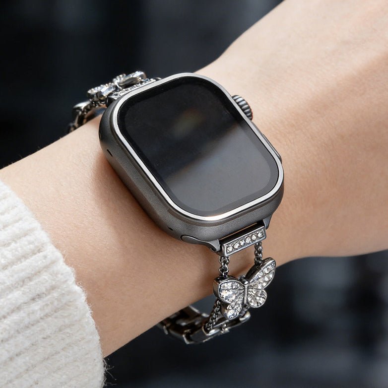 Correa Apple Watch mariposa de circonitas, correa de reloj de aleación metálica con mariposa brillante, modelo Rinoure