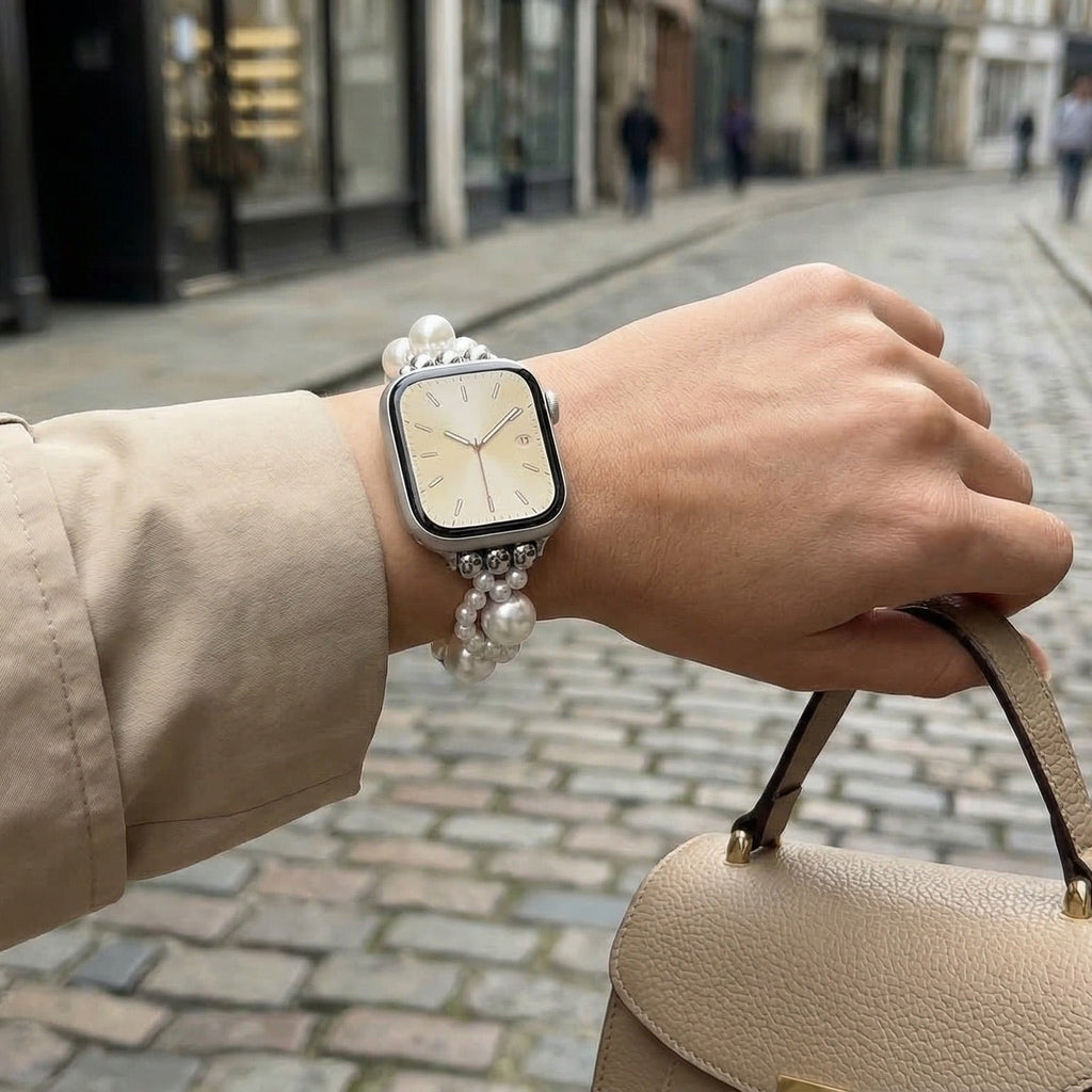 Correa Apple Watch de perlas blancas elástica, joya elegante, estilo refinado y femenino, modelo Perline