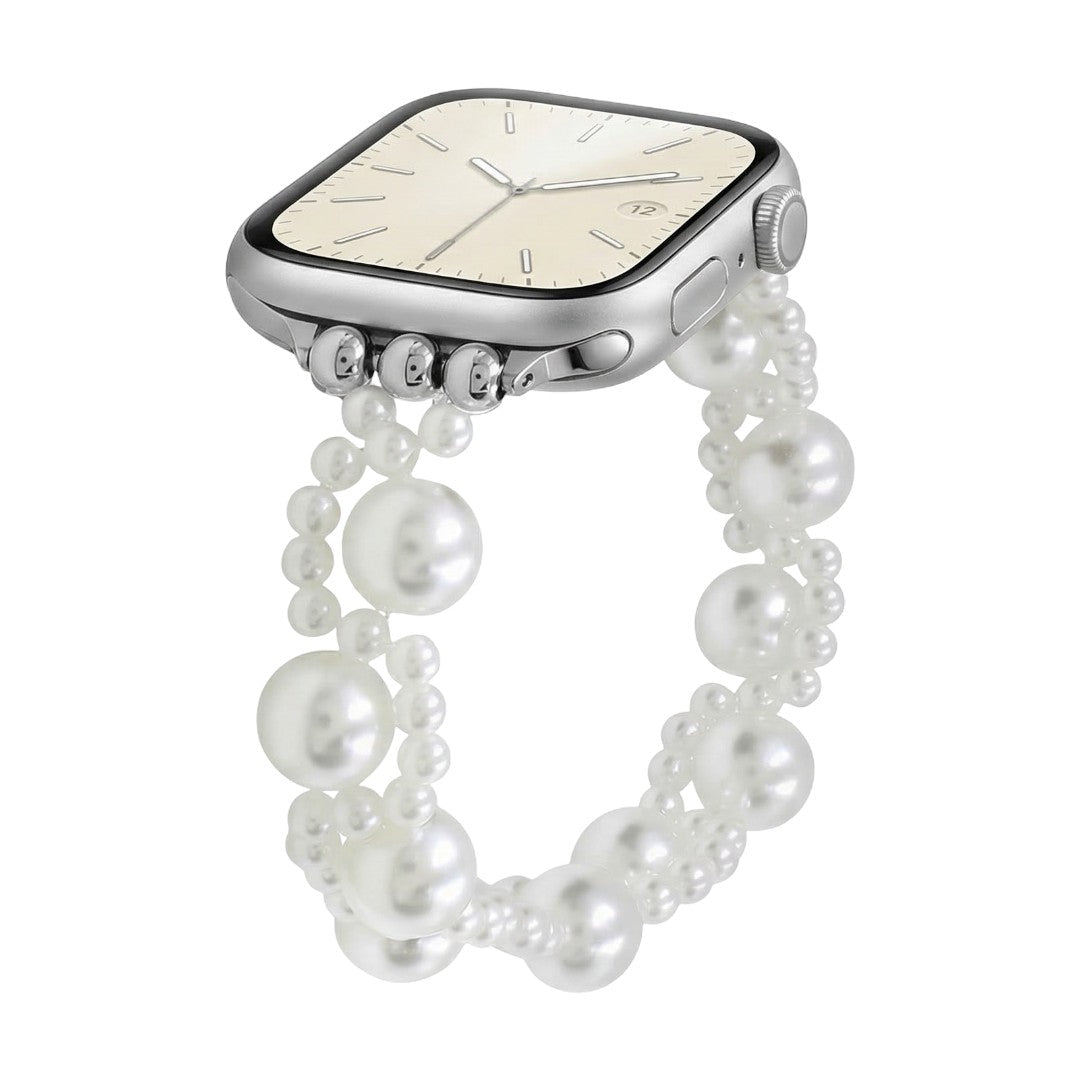 Correa Apple Watch de perlas blancas elástica, joya elegante, estilo refinado y femenino, modelo Perline