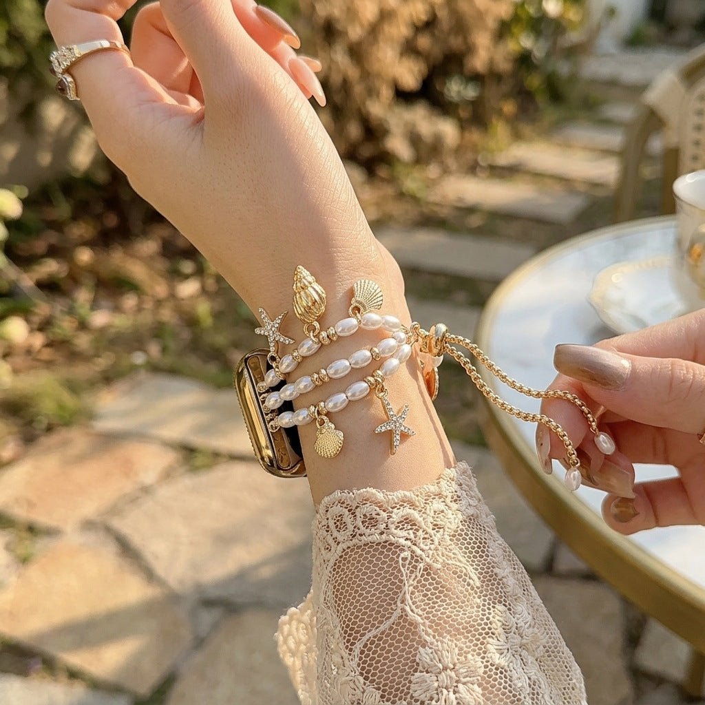 Pulsera para Apple Watch, cuentas nacaradas, dijes marinos dorados, cierre ajustable, joyería de reloj para mujer, modelo Aquadine