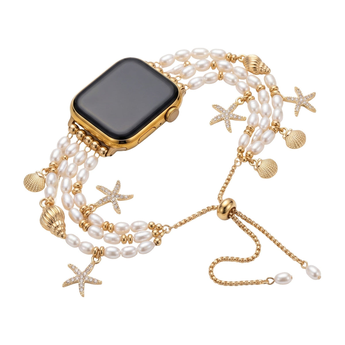 Pulsera para Apple Watch, cuentas nacaradas, dijes marinos dorados, cierre ajustable, joyería de reloj para mujer, modelo Aquadine