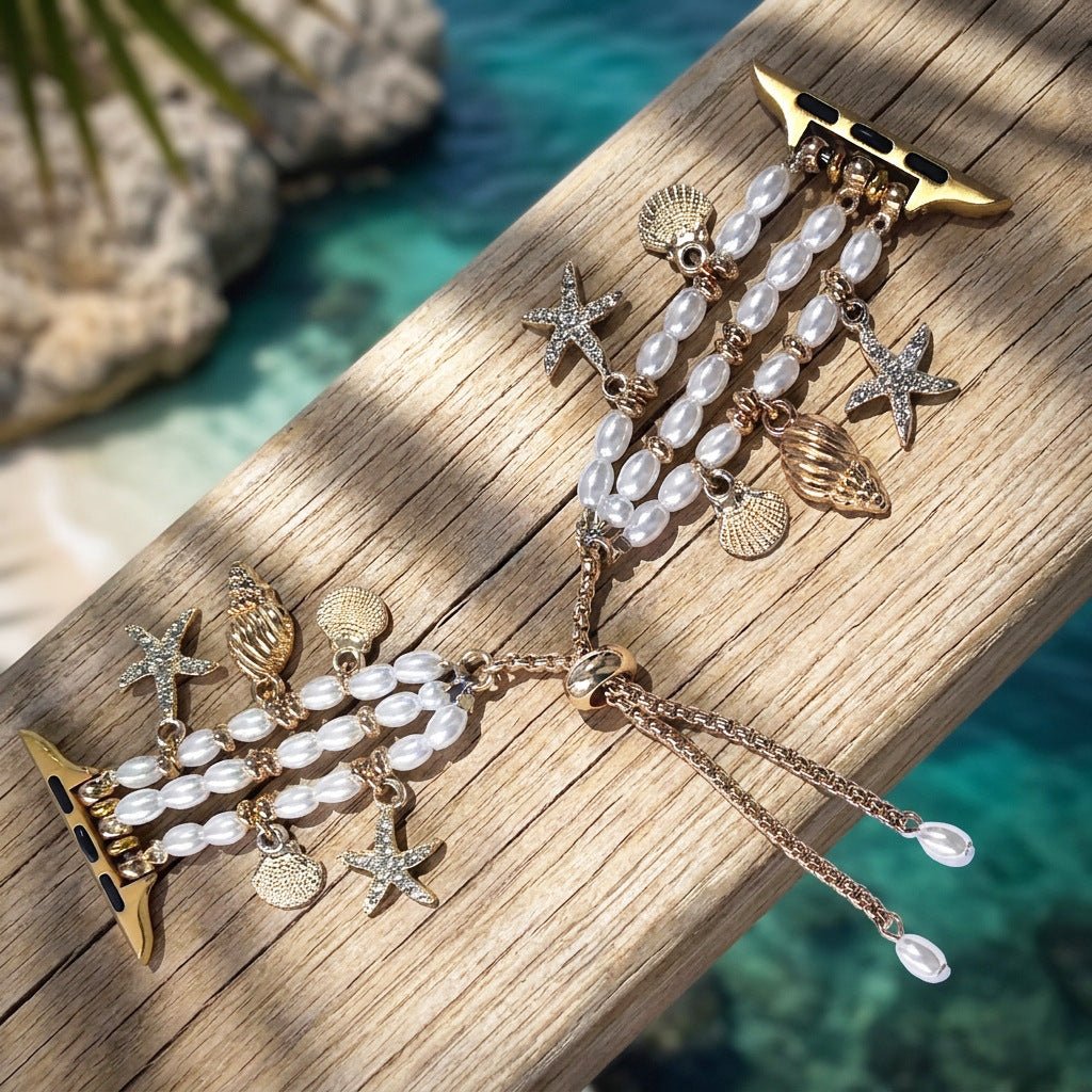 Pulsera para Apple Watch, cuentas nacaradas, dijes marinos dorados, cierre ajustable, joyería de reloj para mujer, modelo Aquadine