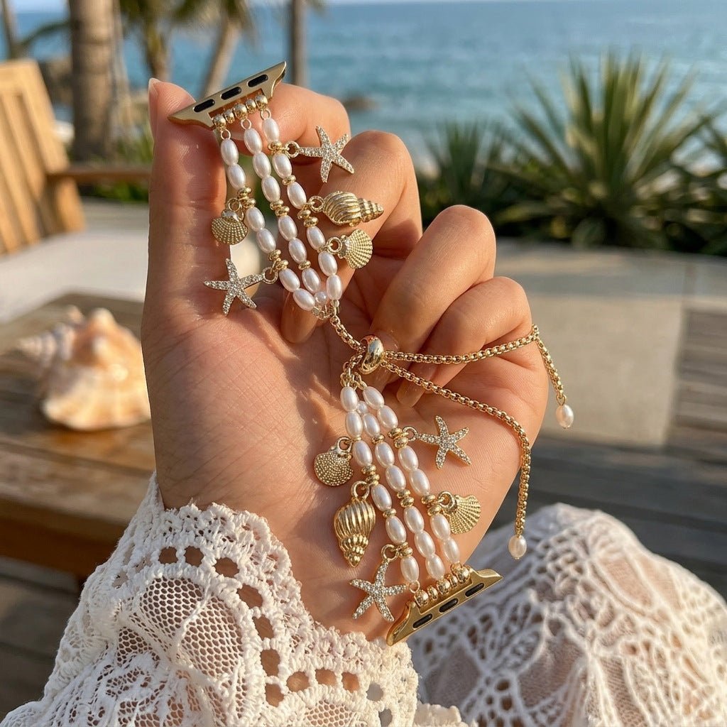 Pulsera para Apple Watch, cuentas nacaradas, dijes marinos dorados, cierre ajustable, joyería de reloj para mujer, modelo Aquadine