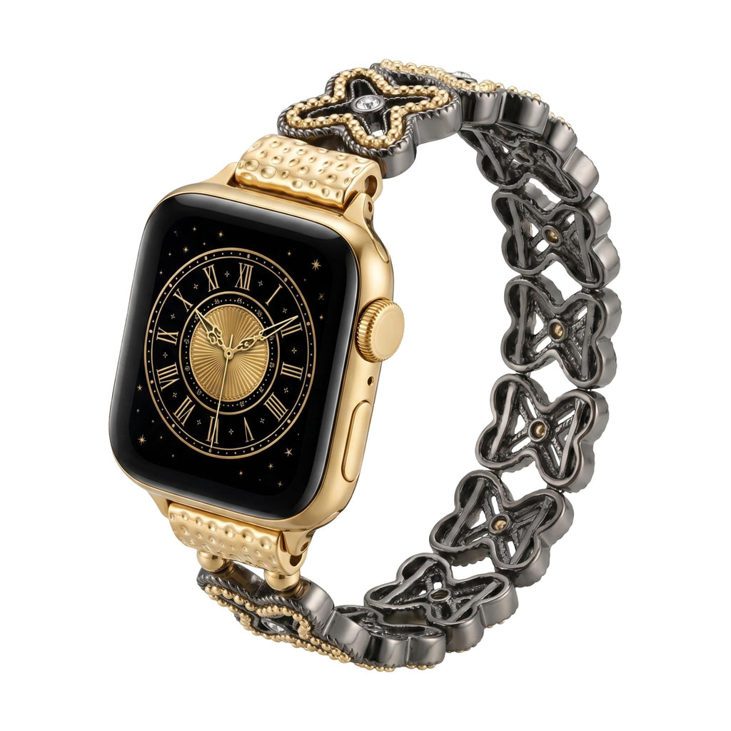 Correa Apple Watch de malla floral calada, pedrería y acabado bicolor, modelo Harpie