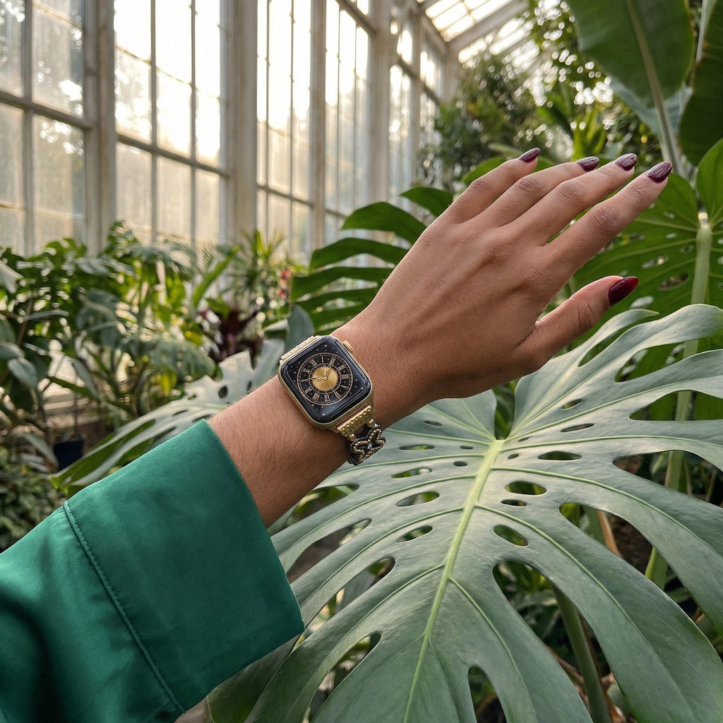 Correa Apple Watch de malla floral calada, pedrería y acabado bicolor, modelo Harpie