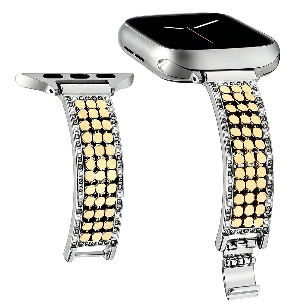 Correa Apple Watch para mujer, malla hexagonal de aleación metálica, detalles brillantes, cierre ajustable, modelo Simia