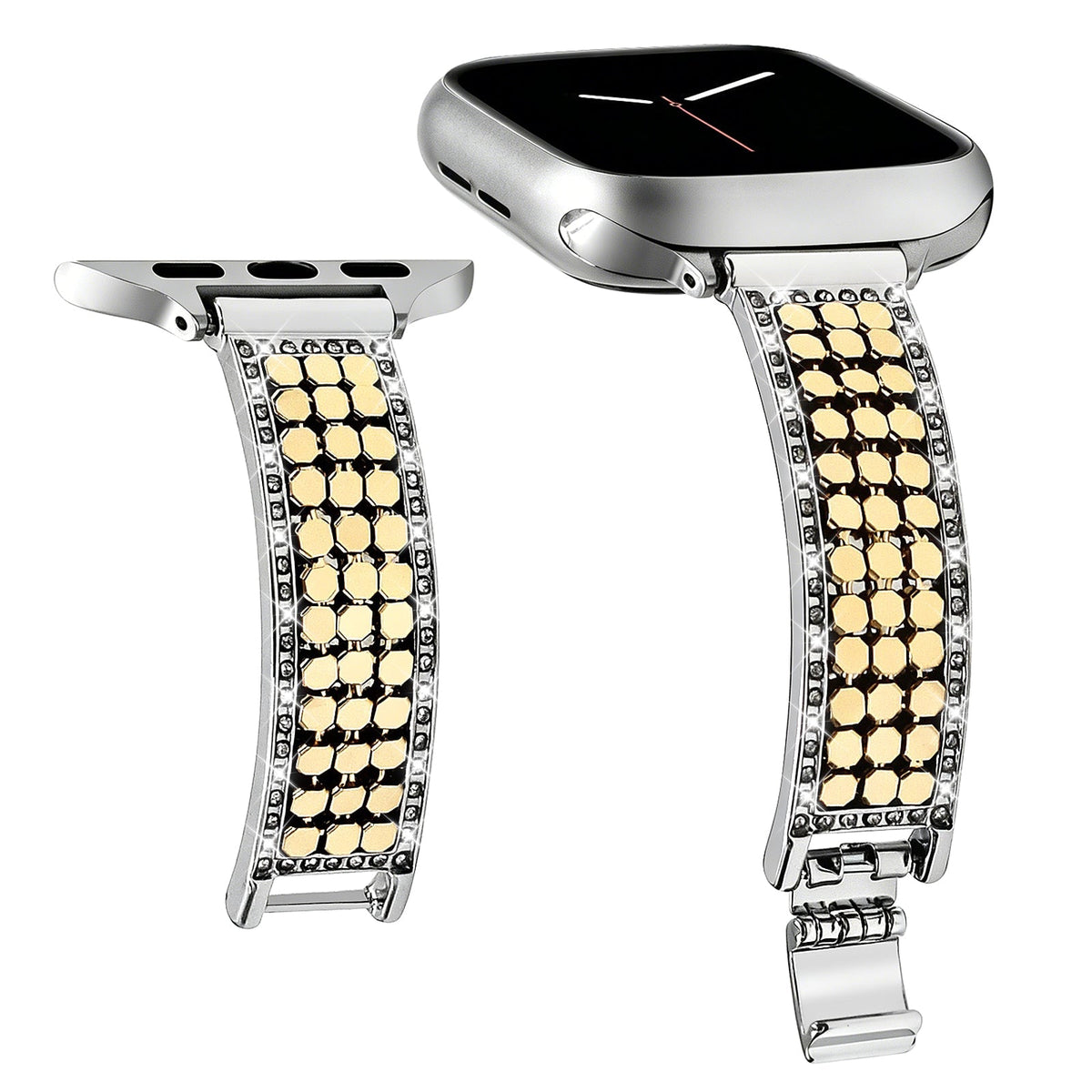 Correa Apple Watch para mujer, malla hexagonal de aleación metálica, detalles brillantes, cierre ajustable, modelo Simia