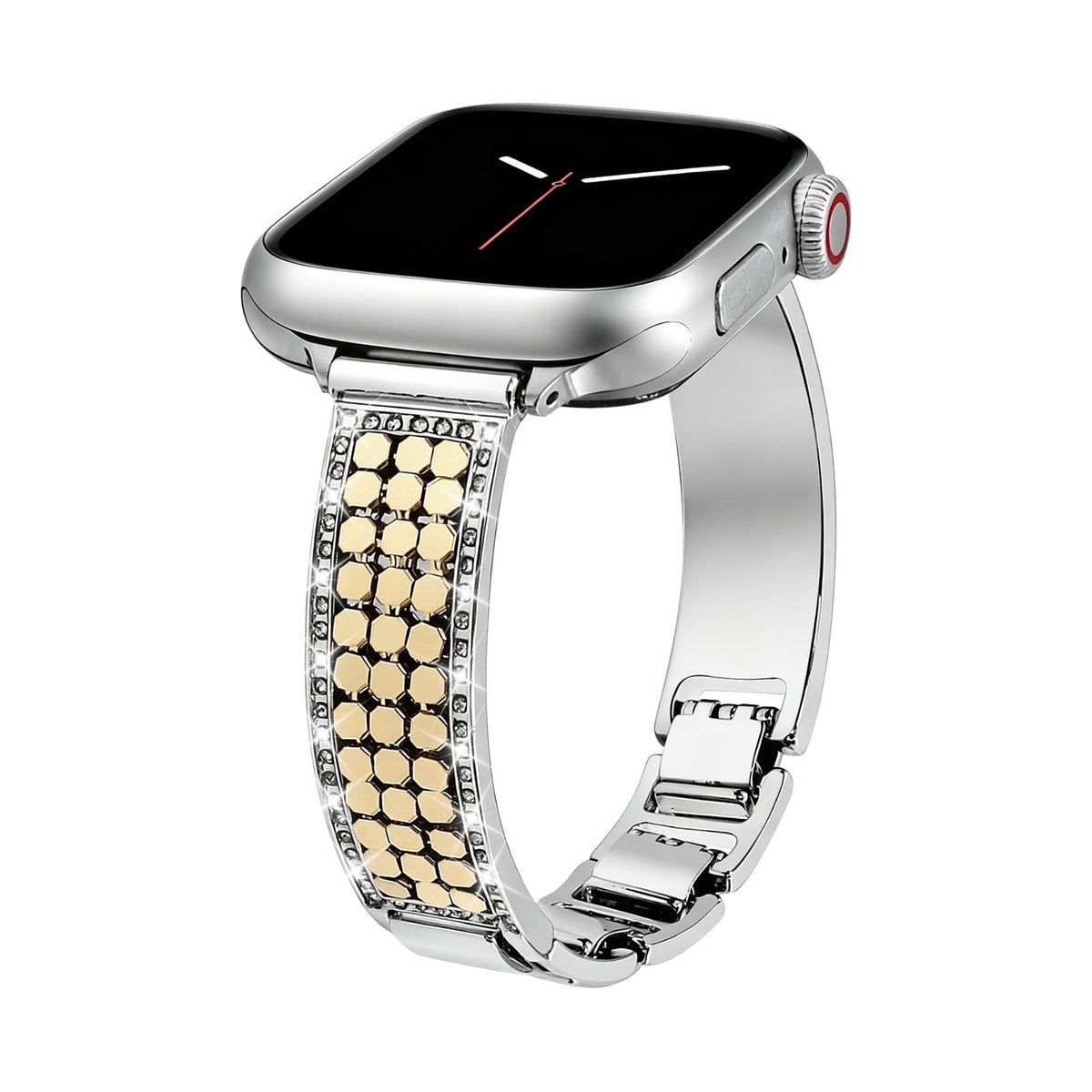 Correa Apple Watch para mujer, malla hexagonal de aleación metálica, detalles brillantes, cierre ajustable, modelo Simia