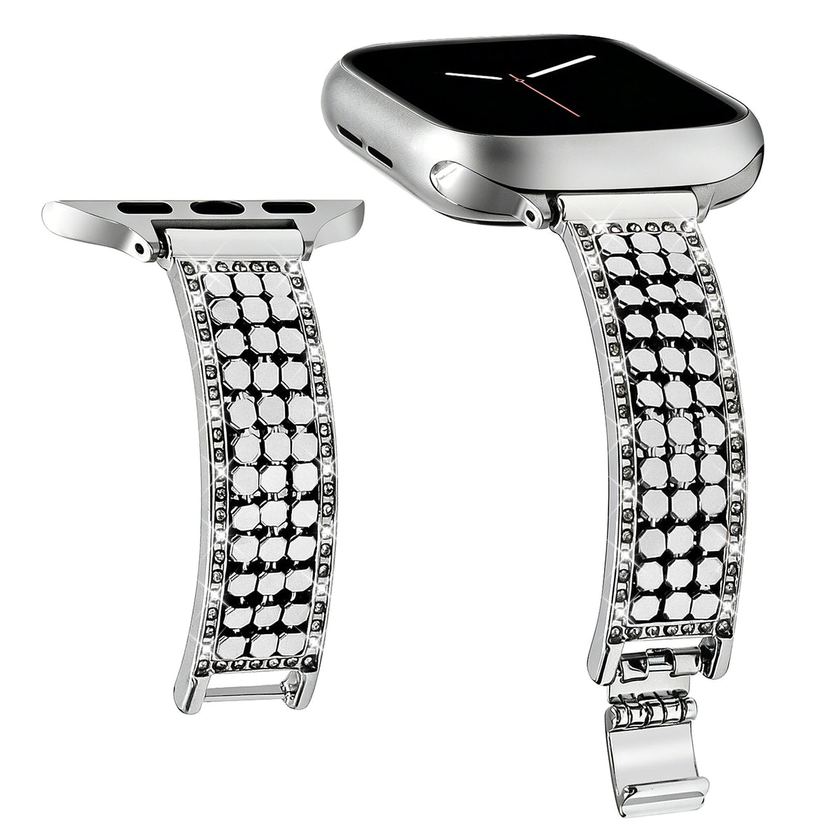 Correa Apple Watch para mujer, malla hexagonal de aleación metálica, detalles brillantes, cierre ajustable, modelo Simia