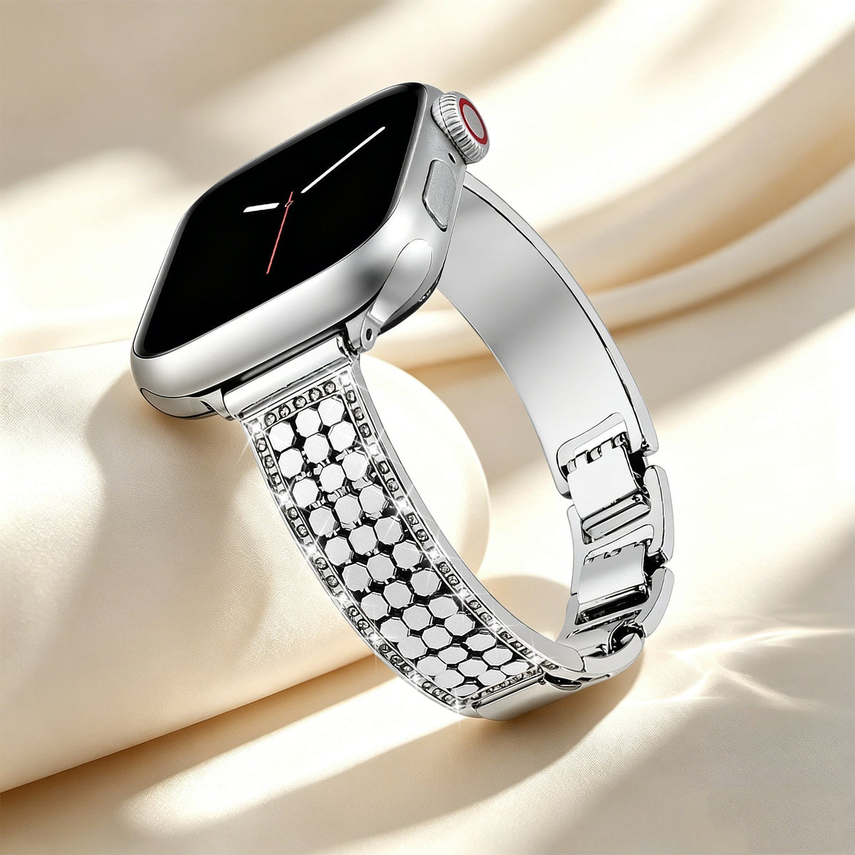 Correa Apple Watch para mujer, malla hexagonal de aleación metálica, detalles brillantes, cierre ajustable, modelo Simia