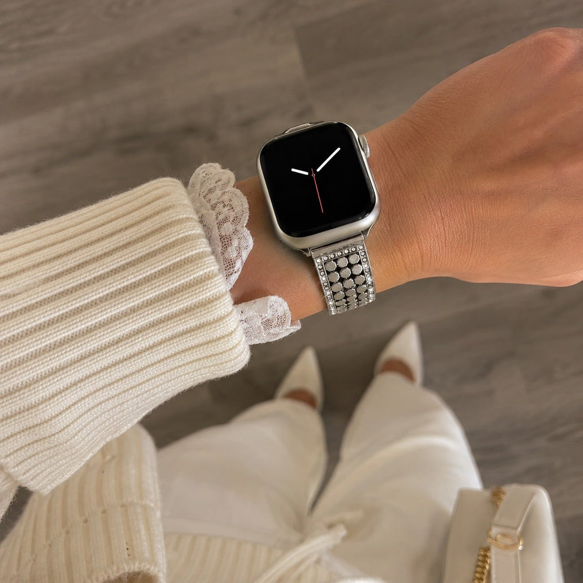 Correa Apple Watch para mujer, malla hexagonal de aleación metálica, detalles brillantes, cierre ajustable, modelo Simia