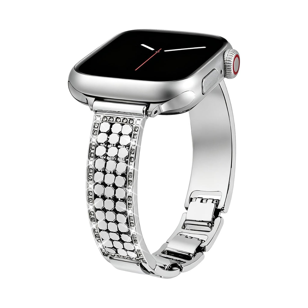 Correa Apple Watch para mujer, malla hexagonal de aleación metálica, detalles brillantes, cierre ajustable, modelo Simia