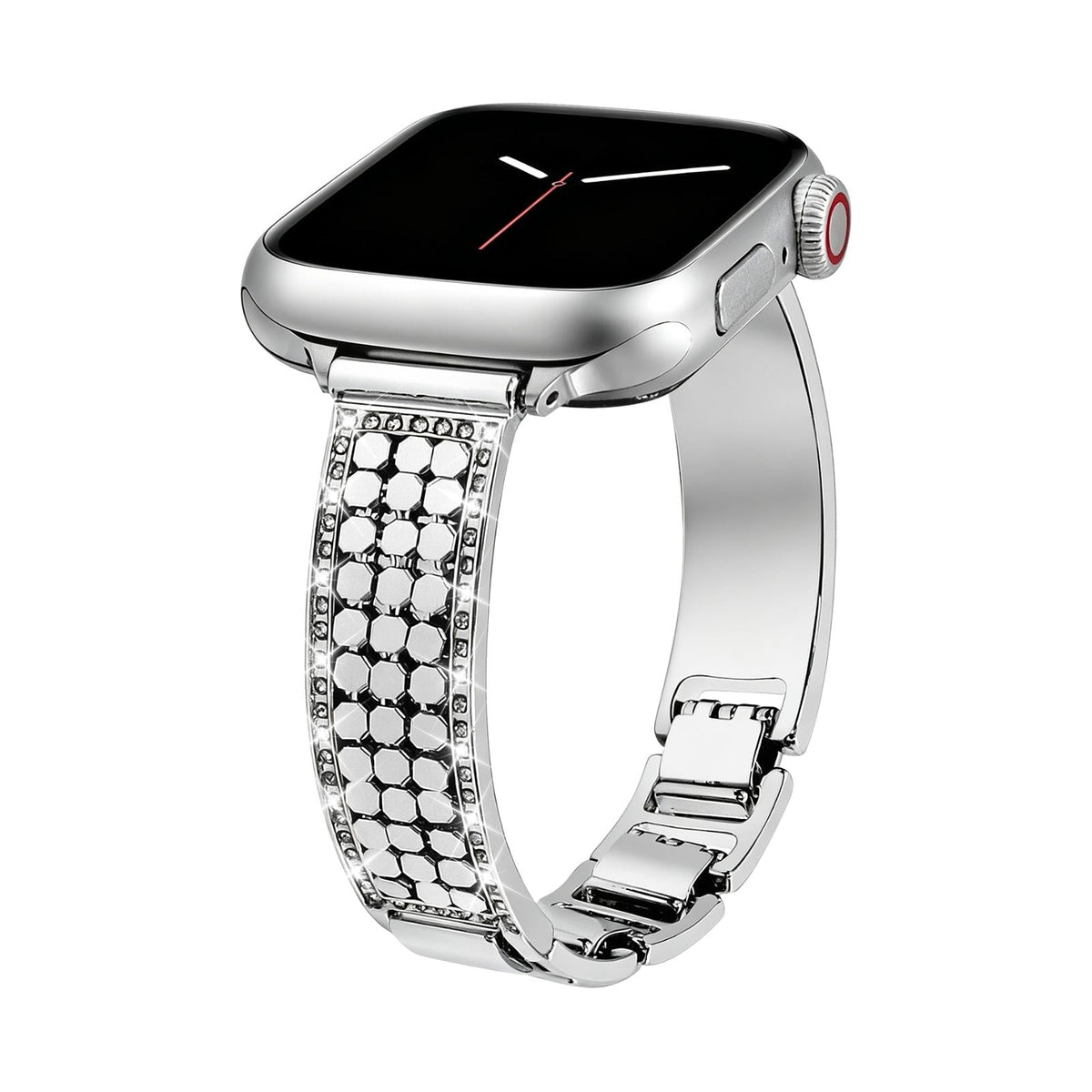 Correa Apple Watch para mujer, malla hexagonal de aleación metálica, detalles brillantes, cierre ajustable, modelo Simia