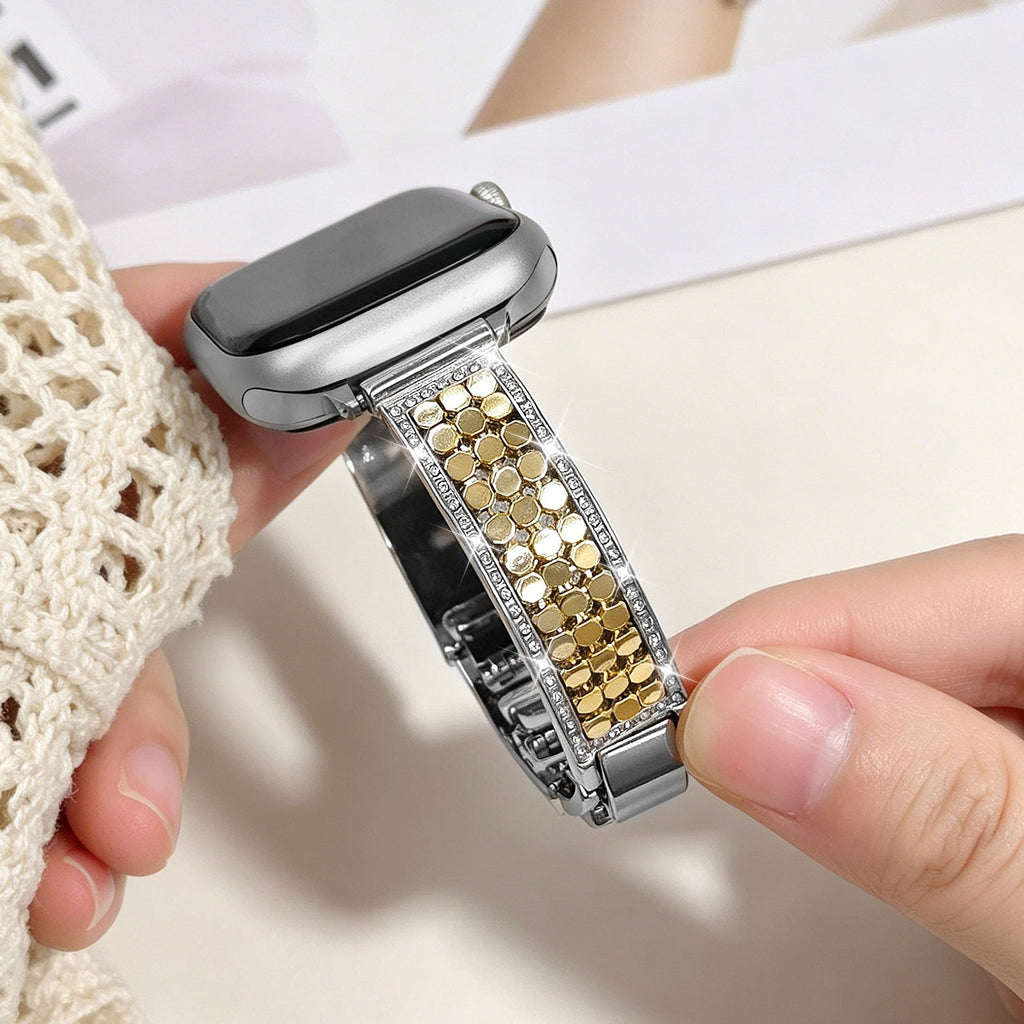 Correa Apple Watch para mujer, malla hexagonal de aleación metálica, detalles brillantes, cierre ajustable, modelo Simia