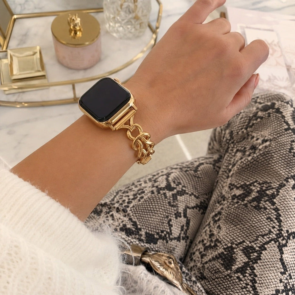 Pulsera para Apple Watch de mujer, eslabones metálicos ajustables, pulsera de reloj con nudos infinitos, accesorio de muñeca elegante, modelo Saline