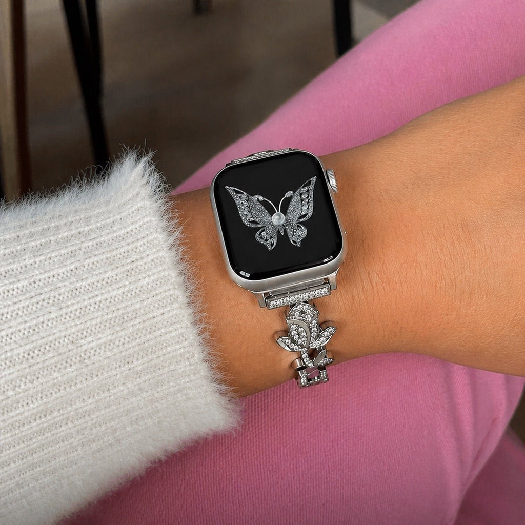 Pulsera para Apple Watch con motivo de rosa pavimentada de circonitas, eslabones ajustables, modelo Billia