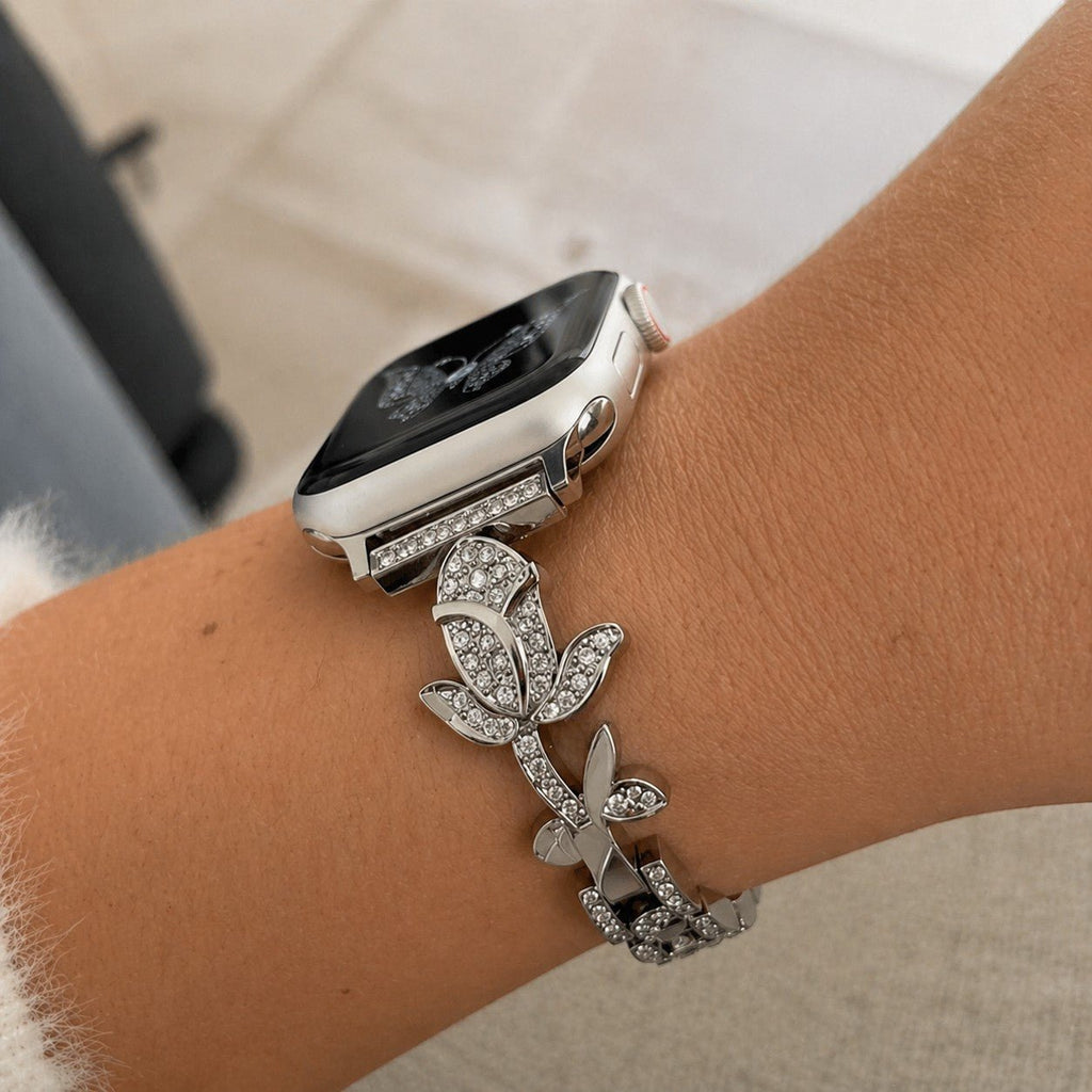 Pulsera para Apple Watch con motivo de rosa pavimentada de circonitas, eslabones ajustables, modelo Billia
