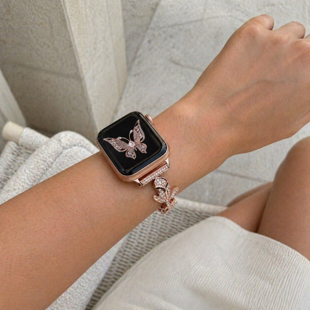 Pulsera para Apple Watch con motivo de rosa pavimentada de circonitas, eslabones ajustables, modelo Billia