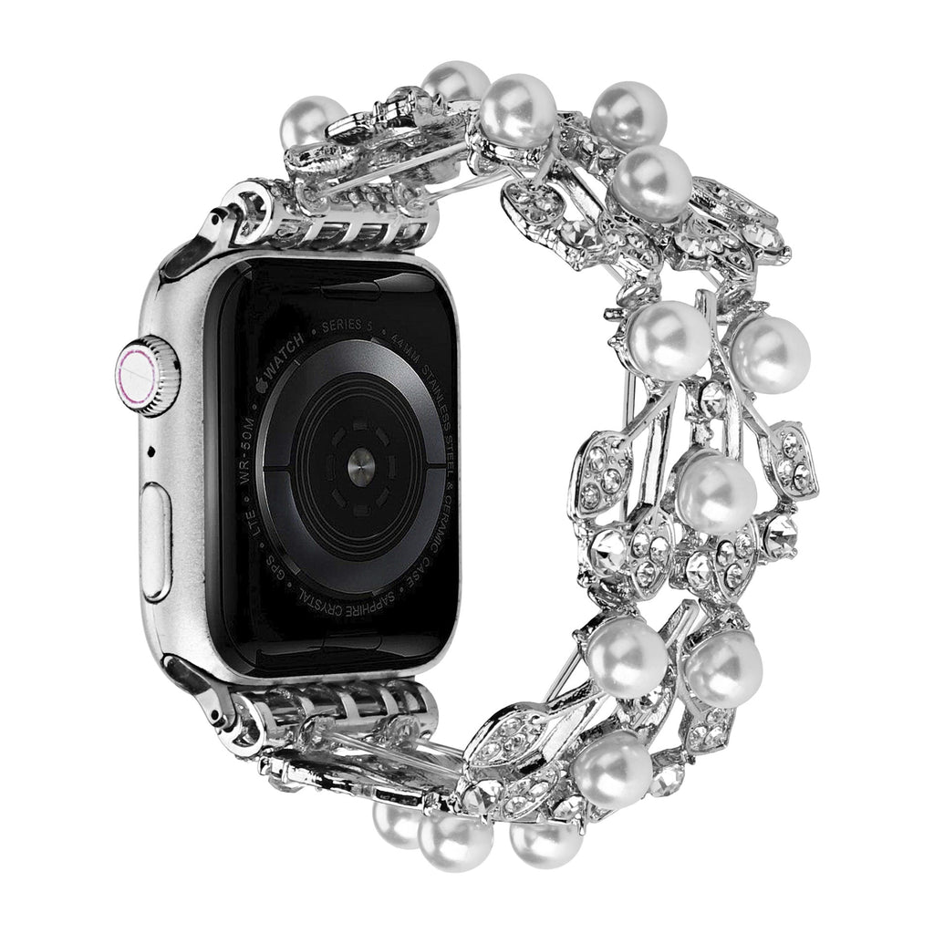Correa Apple Watch con motivo de hojas, perlas y strass, elástica, modelo Terikale