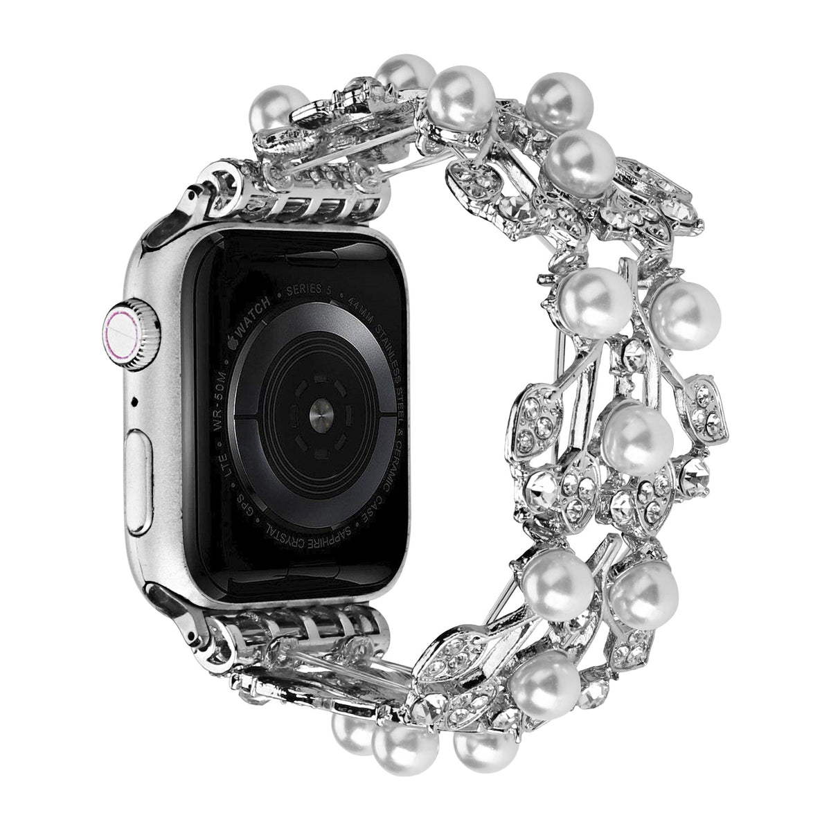 Correa Apple Watch con motivo de hojas, perlas y strass, elástica, modelo Terikale