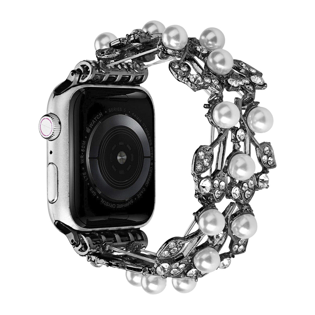Correa Apple Watch con motivo de hojas, perlas y strass, elástica, modelo Terikale