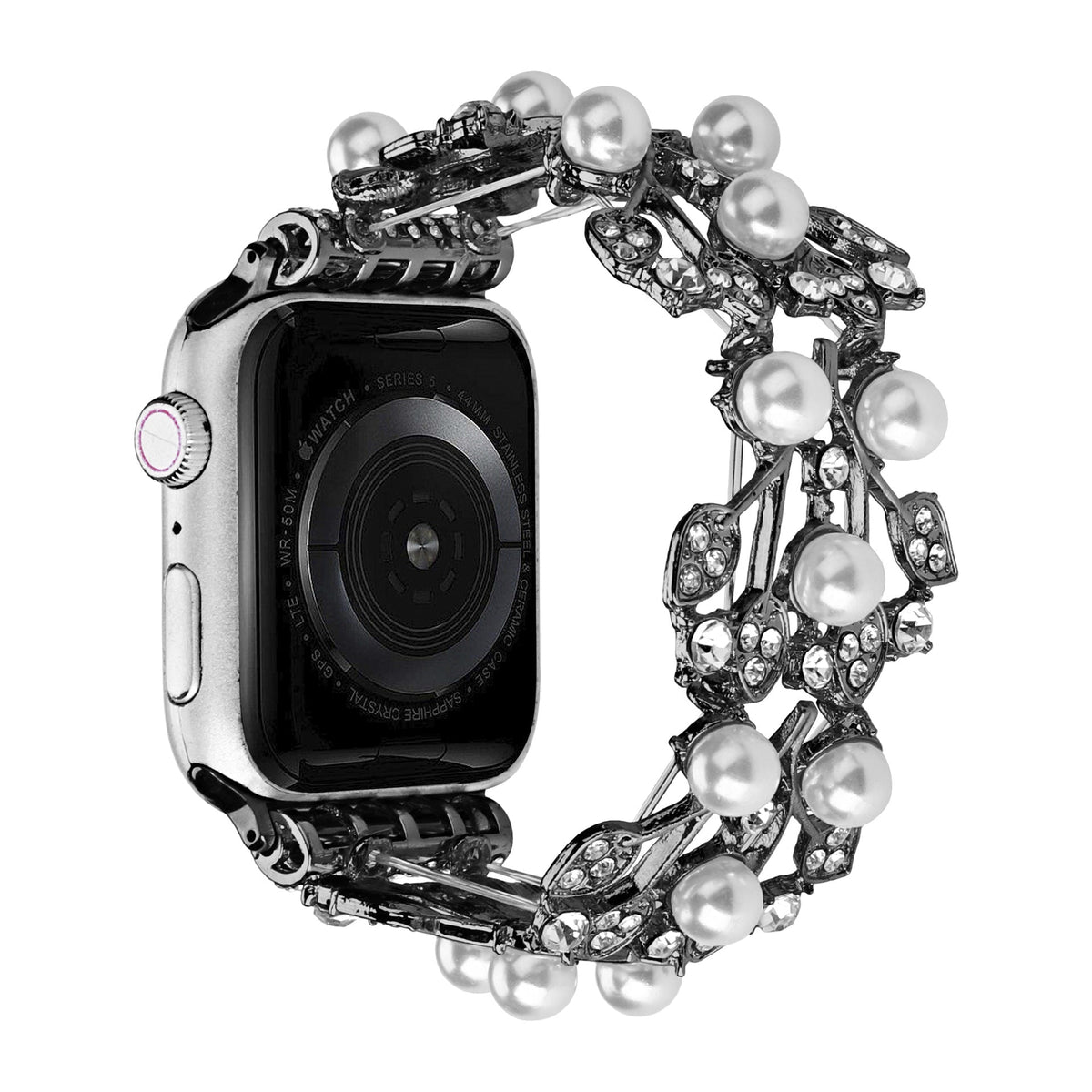 Correa Apple Watch con motivo de hojas, perlas y strass, elástica, modelo Terikale