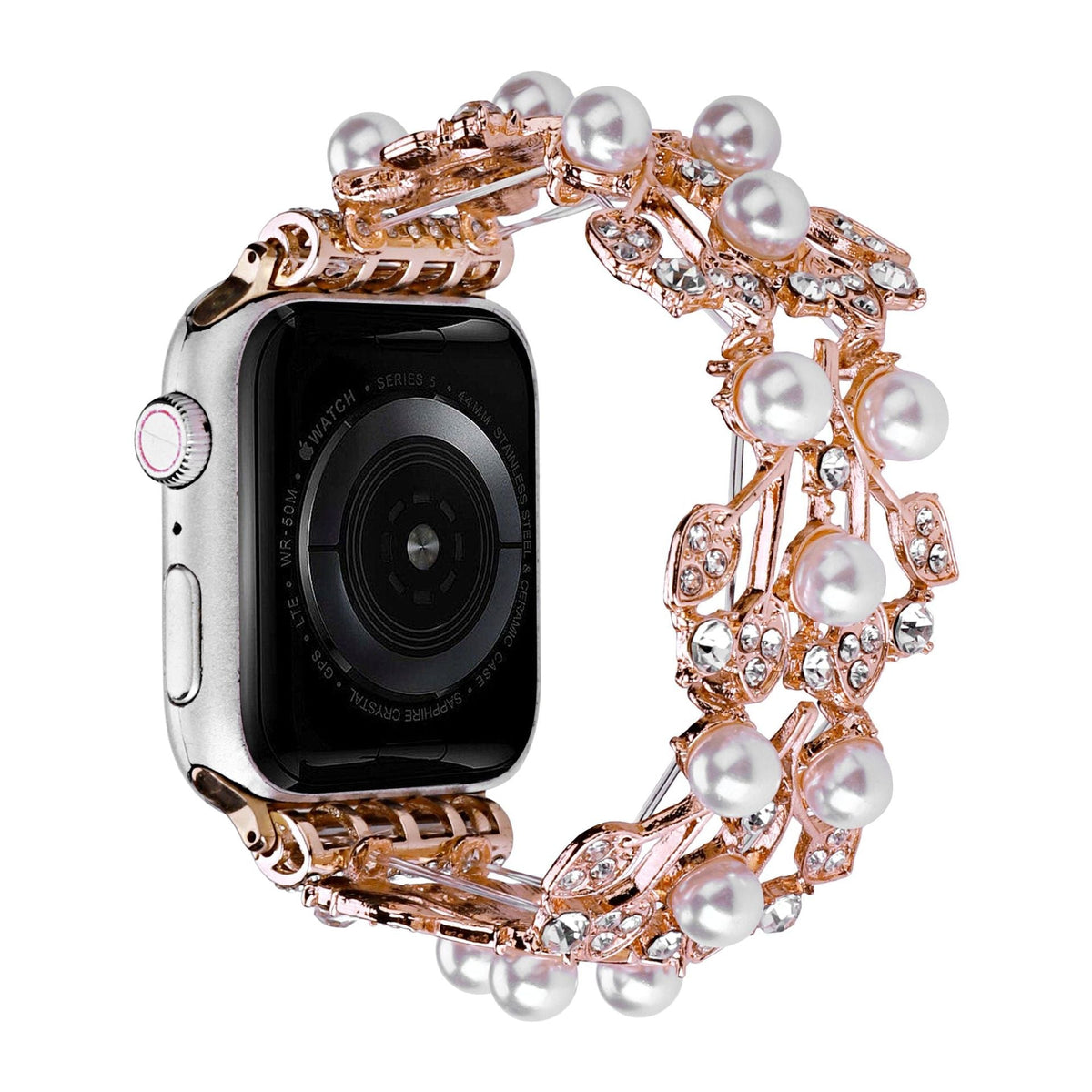 Correa Apple Watch con motivo de hojas, perlas y strass, elástica, modelo Terikale