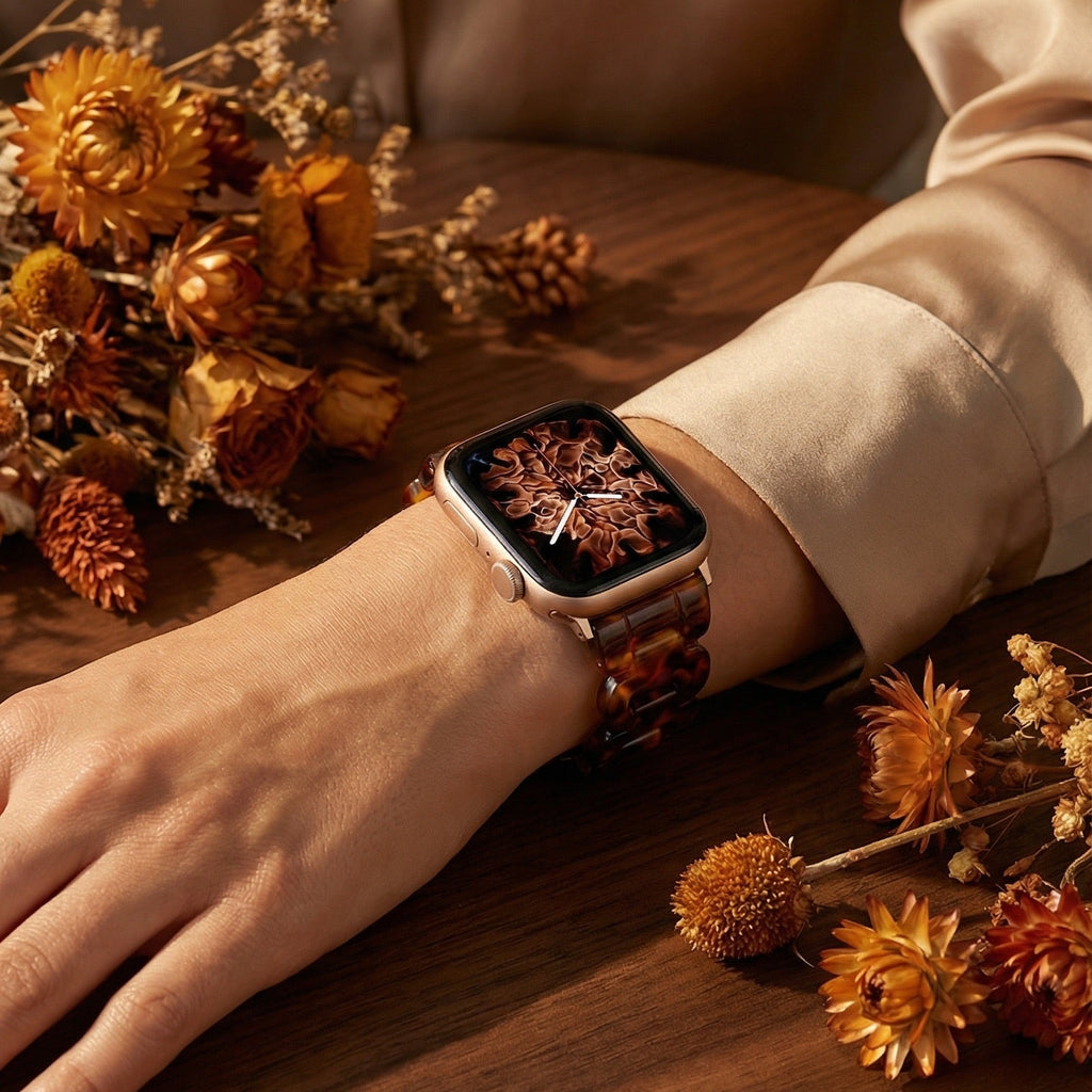 Correa Apple Watch de resina efecto carey, malla tipo cadena brillante, cierre desplegable de acero, modelo Wernale