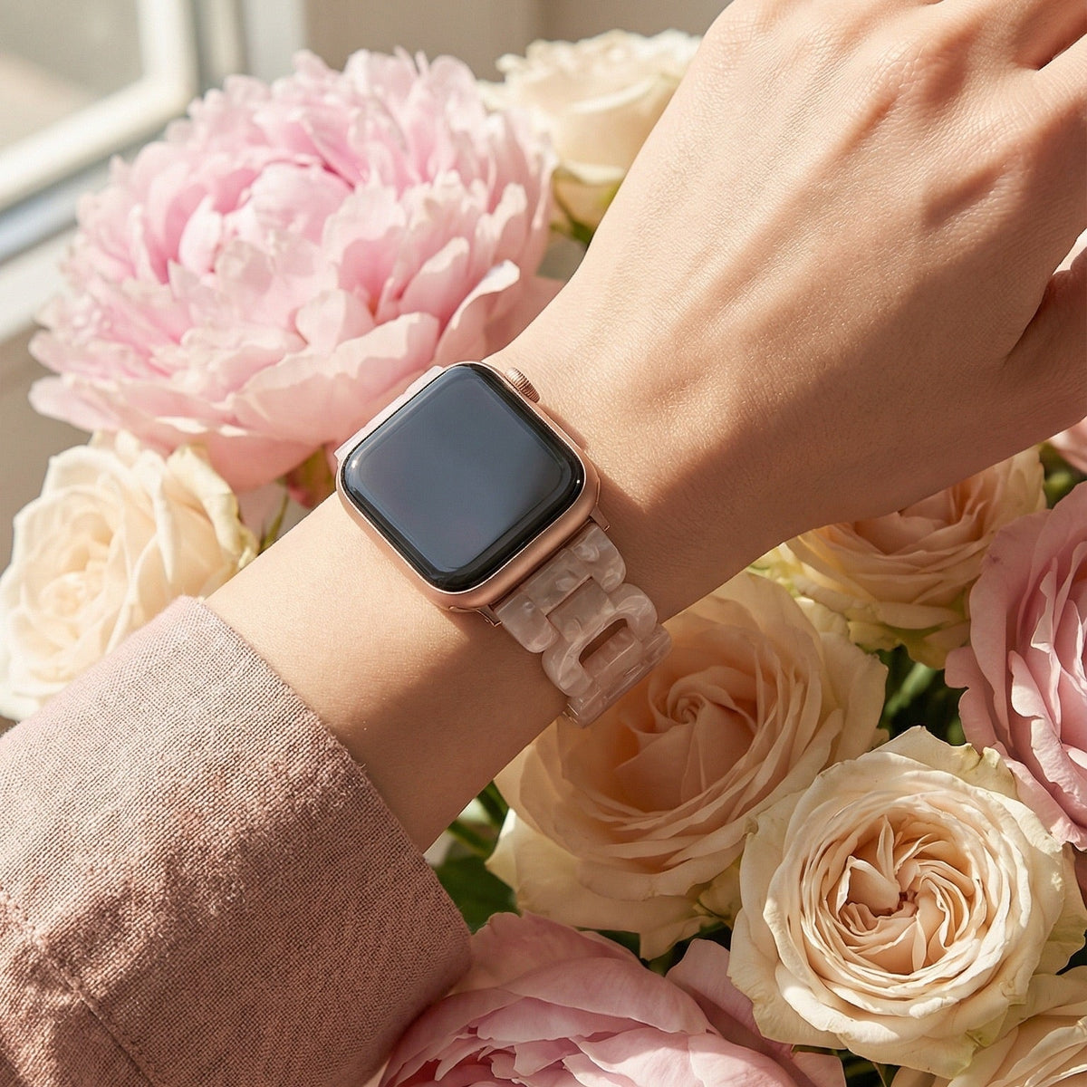 Correa Apple Watch de resina efecto carey, malla tipo cadena brillante, cierre desplegable de acero, modelo Wernale