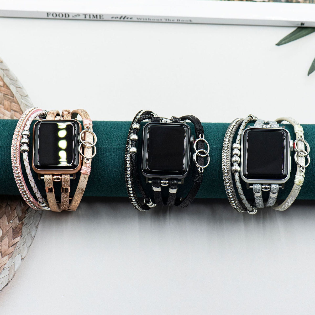 Correa multi-hilera para Apple Watch, trenzado y strass, anillos entrelazados, cierre ajustable, modelo Lona