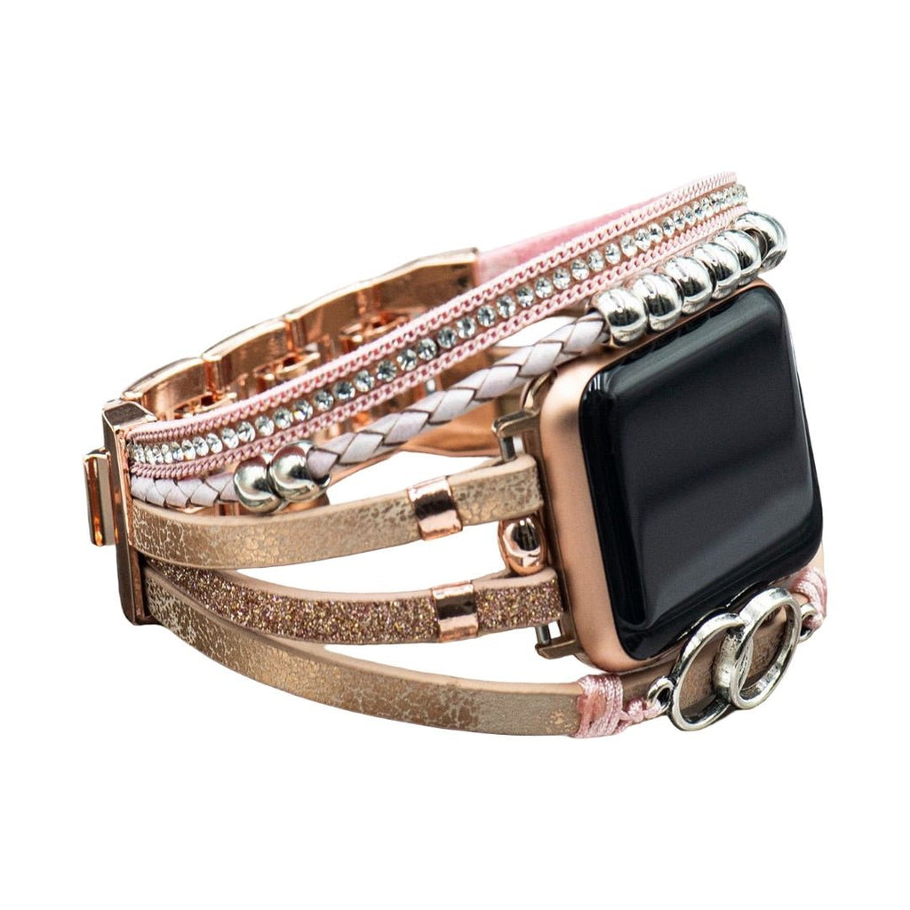 Correa multi-hilera para Apple Watch, trenzado y strass, anillos entrelazados, cierre ajustable, modelo Lona