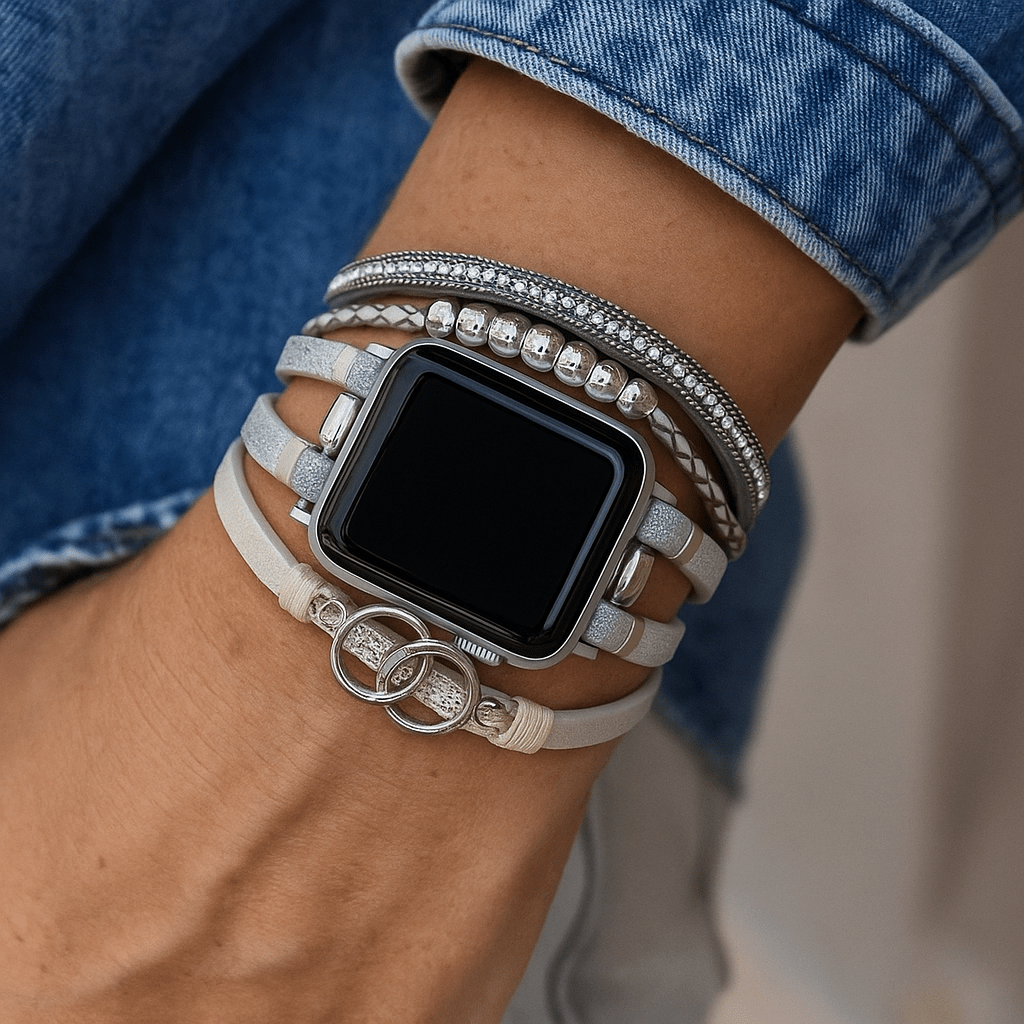 Correa multi-hilera para Apple Watch, trenzado y strass, anillos entrelazados, cierre ajustable, modelo Lona