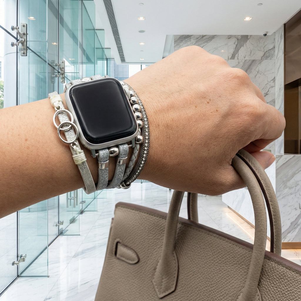Correa multi-hilera para Apple Watch, trenzado y strass, anillos entrelazados, cierre ajustable, modelo Lona