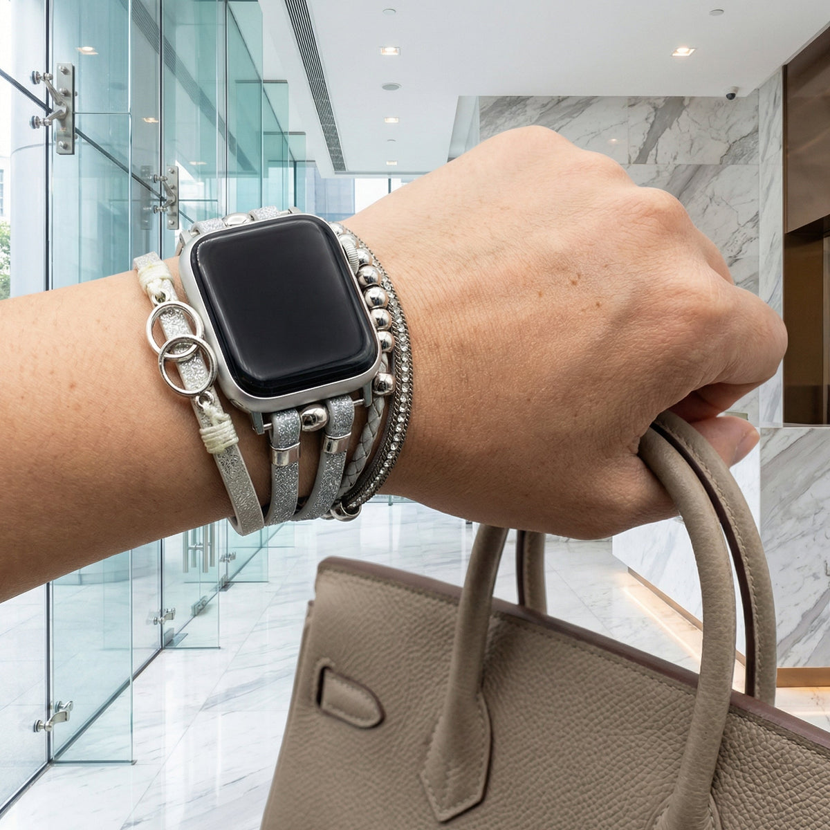 Correa multi-hilera para Apple Watch, trenzado y strass, anillos entrelazados, cierre ajustable, modelo Lona
