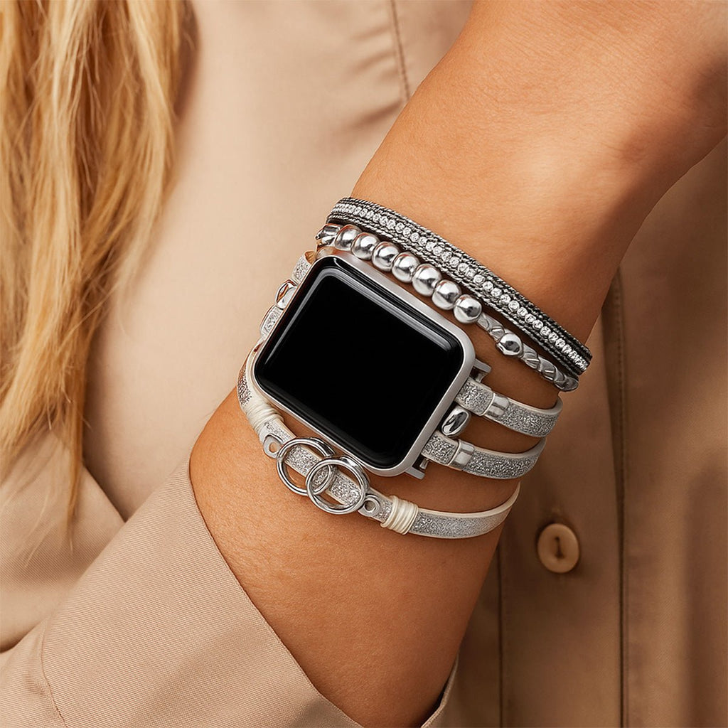 Correa multi-hilera para Apple Watch, trenzado y strass, anillos entrelazados, cierre ajustable, modelo Lona