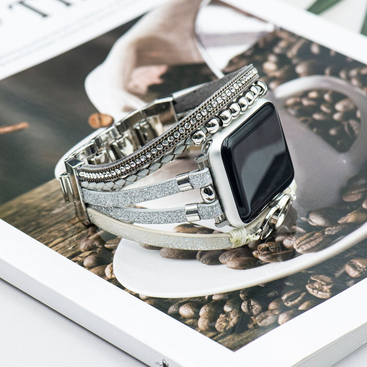 Correa multi-hilera para Apple Watch, trenzado y strass, anillos entrelazados, cierre ajustable, modelo Lona