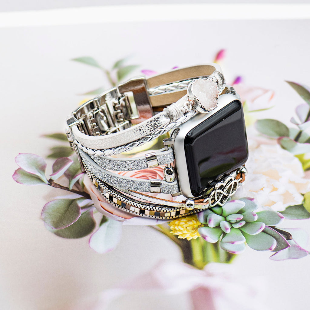 Correa Apple Watch multicapa, con dije de corazón infinito y piedra, para mujer, modelo Felicidad