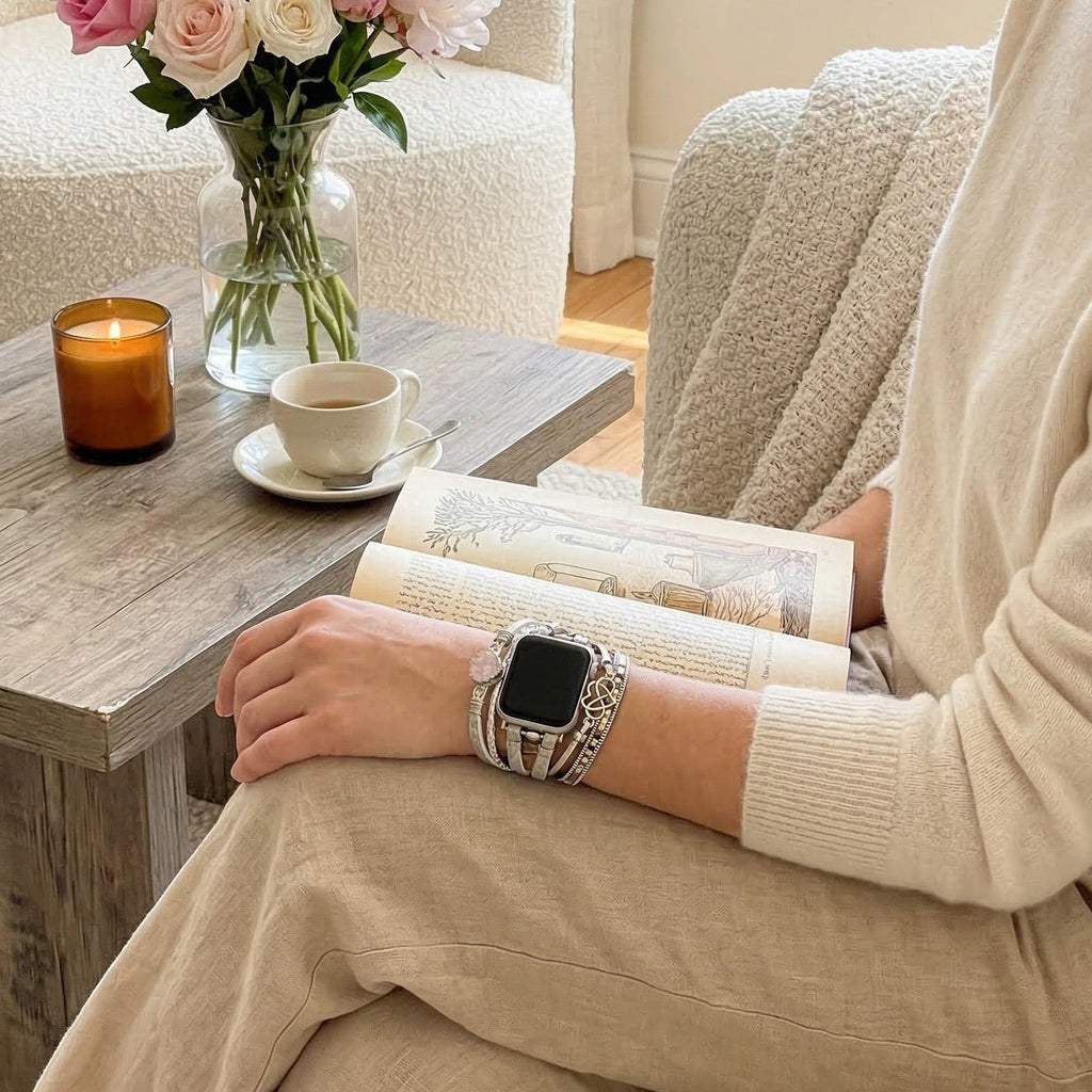 Correa Apple Watch multicapa, con dije de corazón infinito y piedra, para mujer, modelo Felicidad