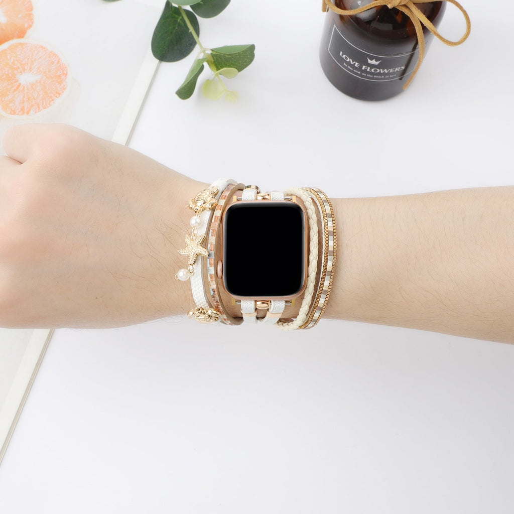 Correa Apple Watch multihilo, charms de tortuga y estrella de mar, perlas, modelo Akuna