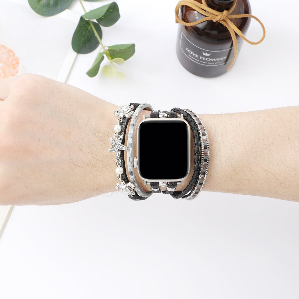 Correa Apple Watch multihilo, charms de tortuga y estrella de mar, perlas, modelo Akuna