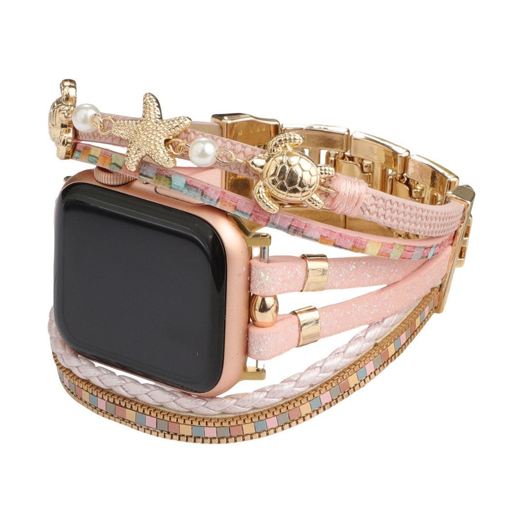 Correa Apple Watch multihilo, charms de tortuga y estrella de mar, perlas, modelo Akuna