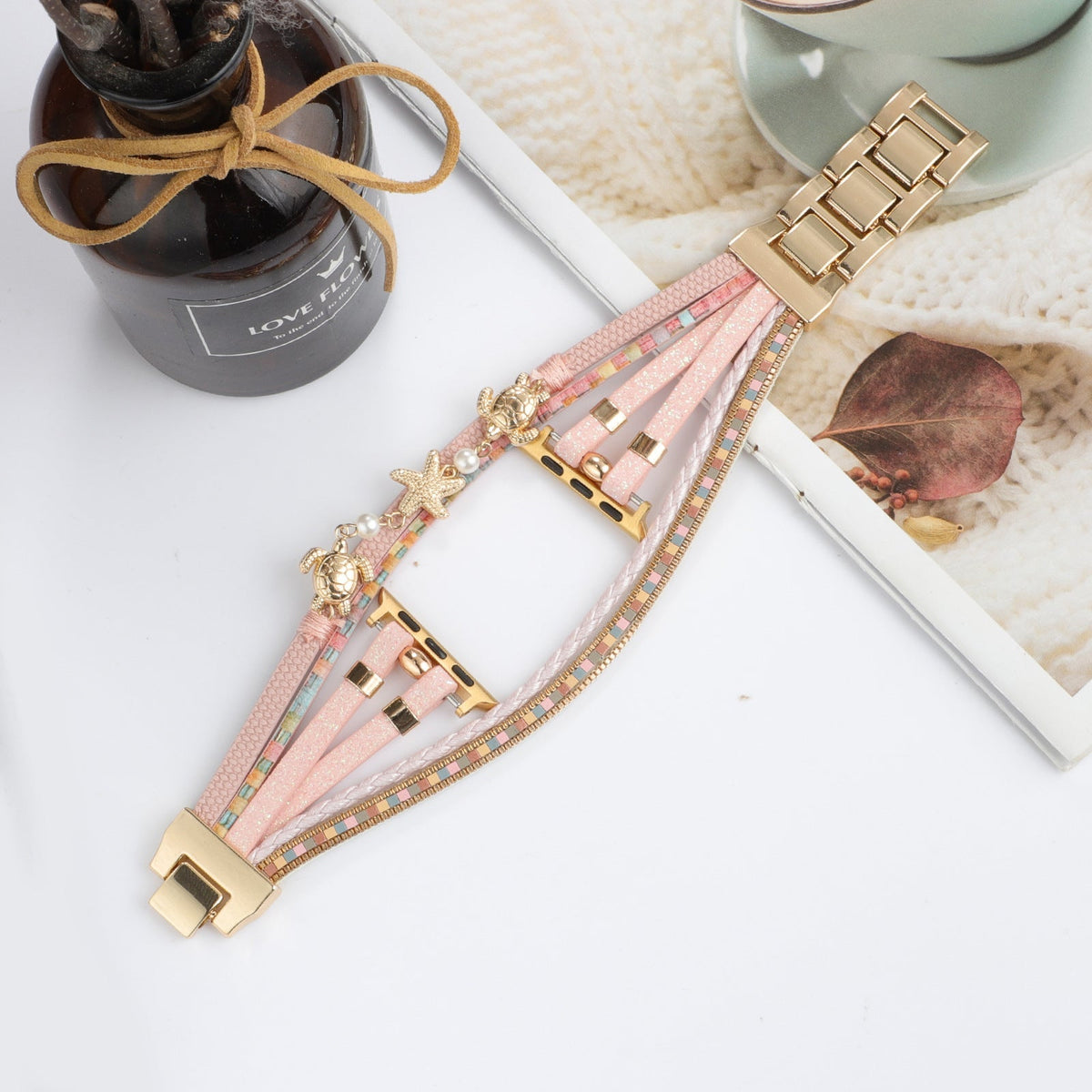 Correa Apple Watch multihilo, charms de tortuga y estrella de mar, perlas, modelo Akuna