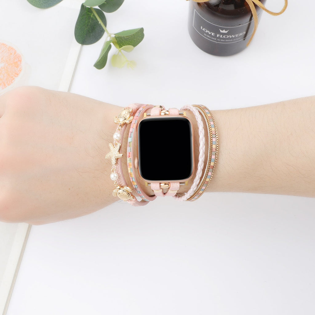Correa Apple Watch multihilo, charms de tortuga y estrella de mar, perlas, modelo Akuna